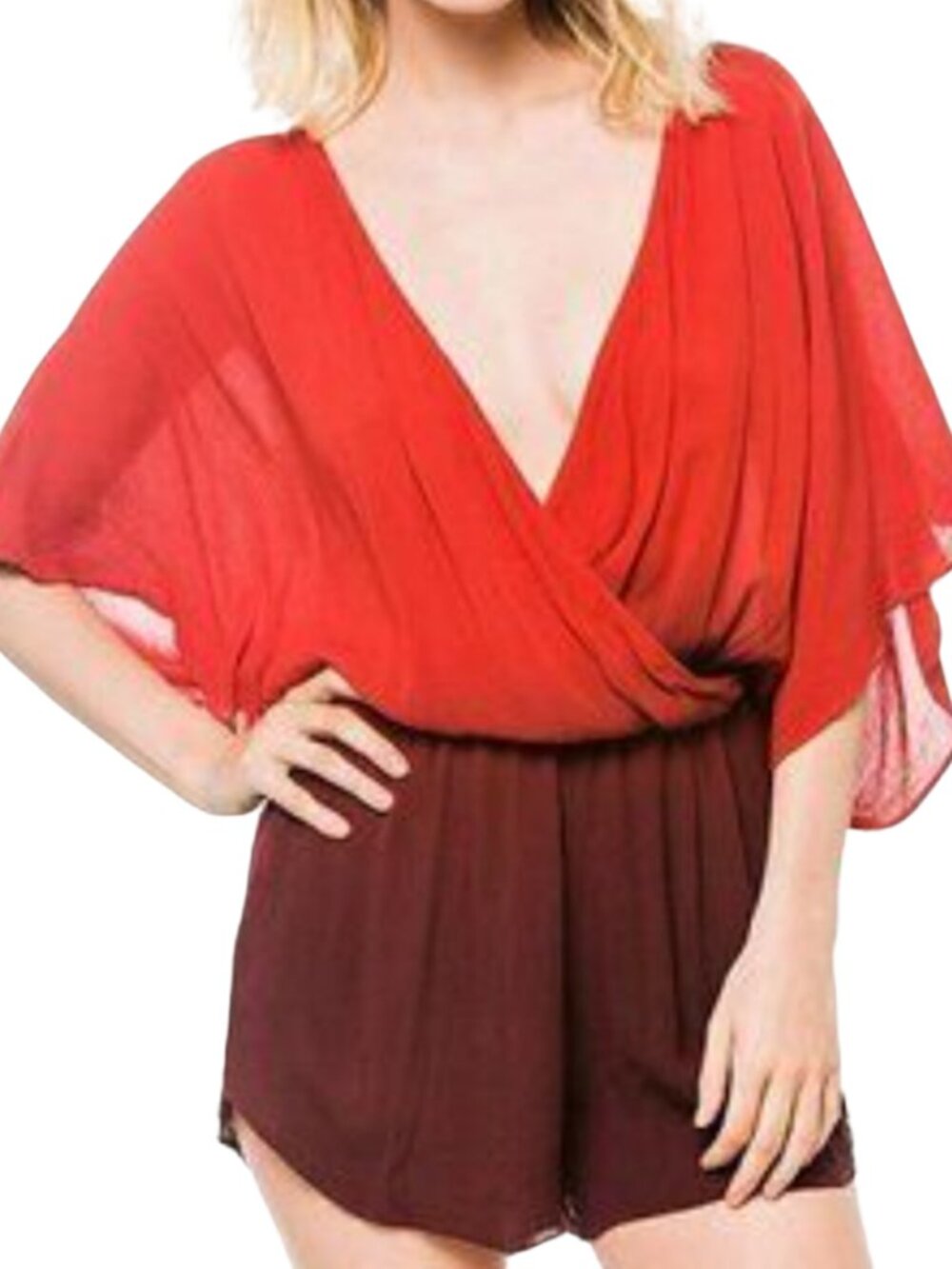 GREEN DRAGON Orange Ombre Romper  Surplice Boho Brown Small